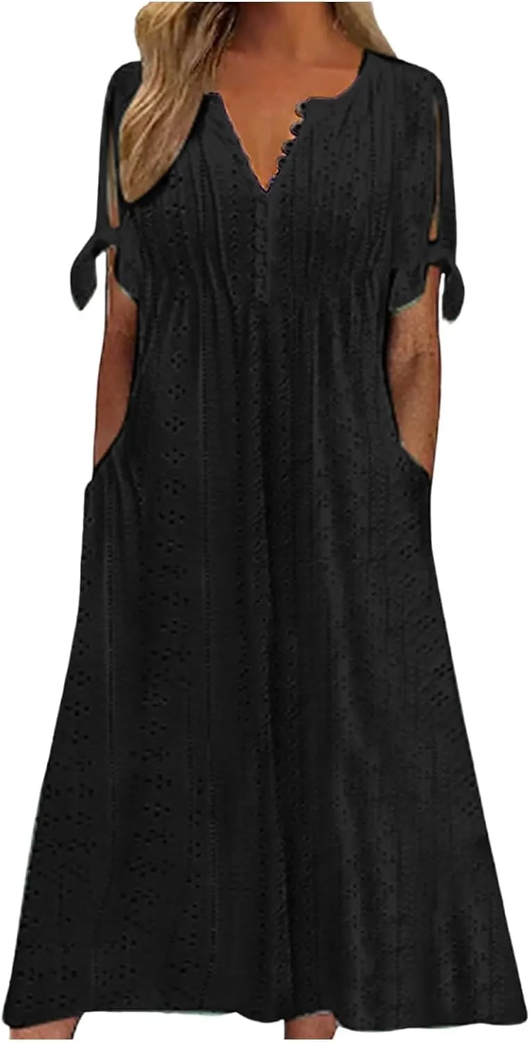 Boho Eyelet Dresses for Women Midi Length Button V Neck Tie Knot Short Sleeve Flowy A-Line Beach Vacation Dress with Pockets