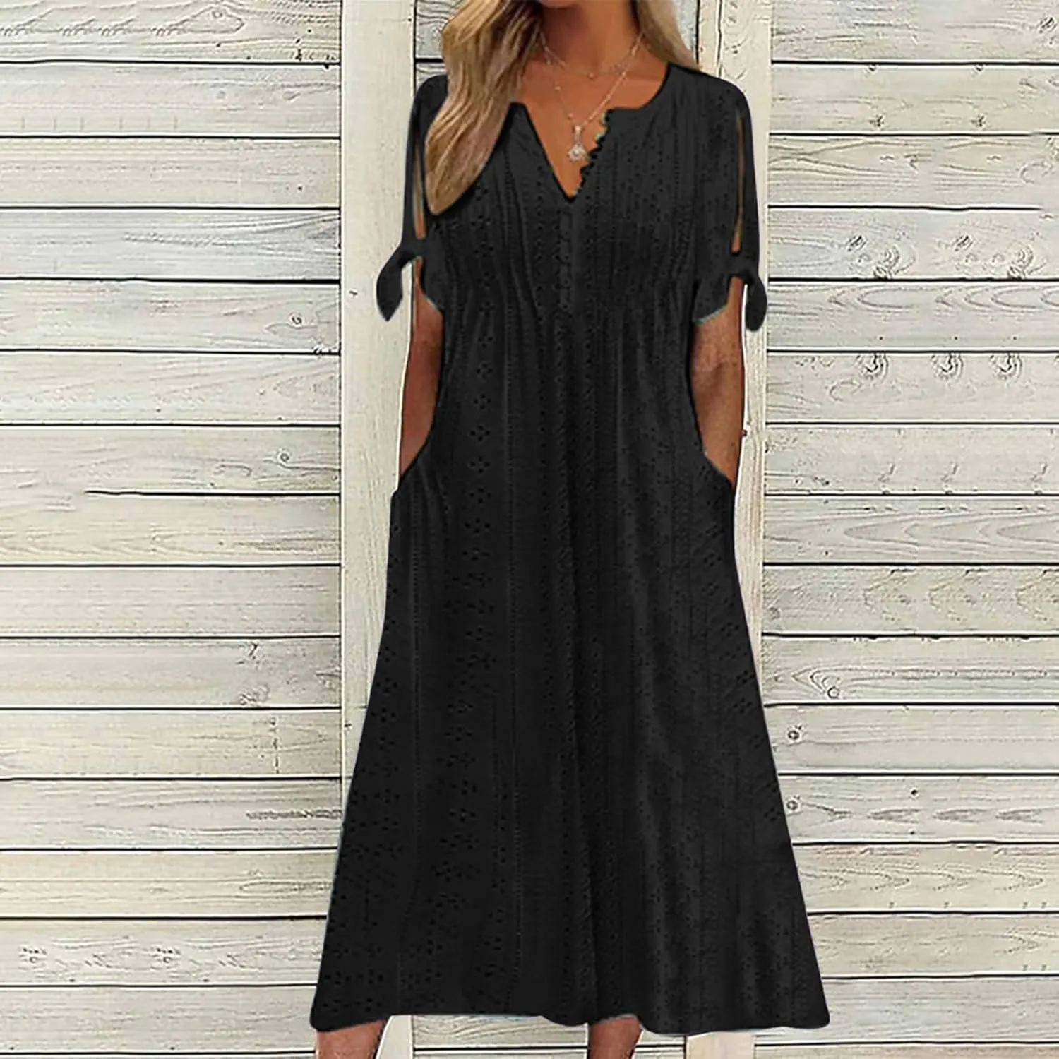 Boho Eyelet Dresses for Women Midi Length Button V Neck Tie Knot Short Sleeve Flowy A-Line Beach Vacation Dress with Pockets