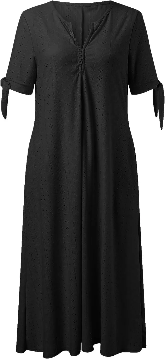Boho Eyelet Dresses for Women Midi Length Button V Neck Tie Knot Short Sleeve Flowy A-Line Beach Vacation Dress with Pockets