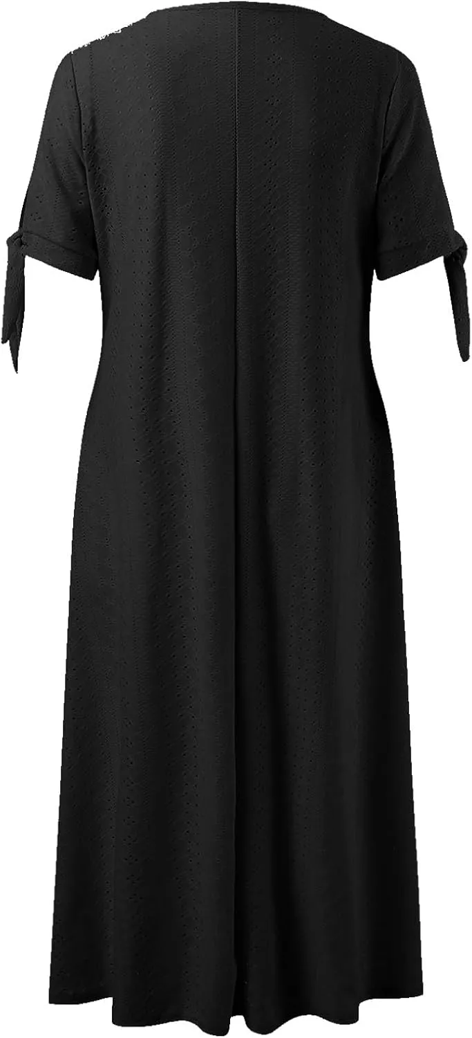 Boho Eyelet Dresses for Women Midi Length Button V Neck Tie Knot Short Sleeve Flowy A-Line Beach Vacation Dress with Pockets