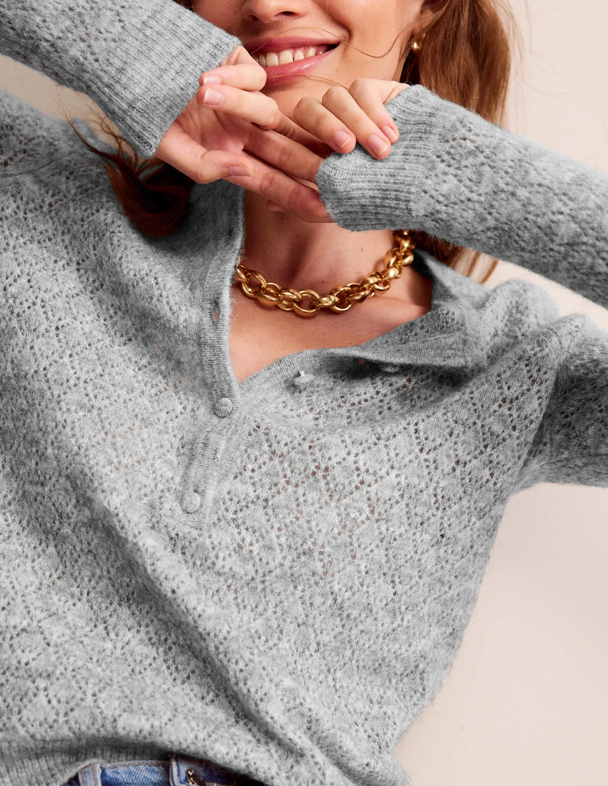 Fluffy Henley Pointelle Jumper-Grey Melange