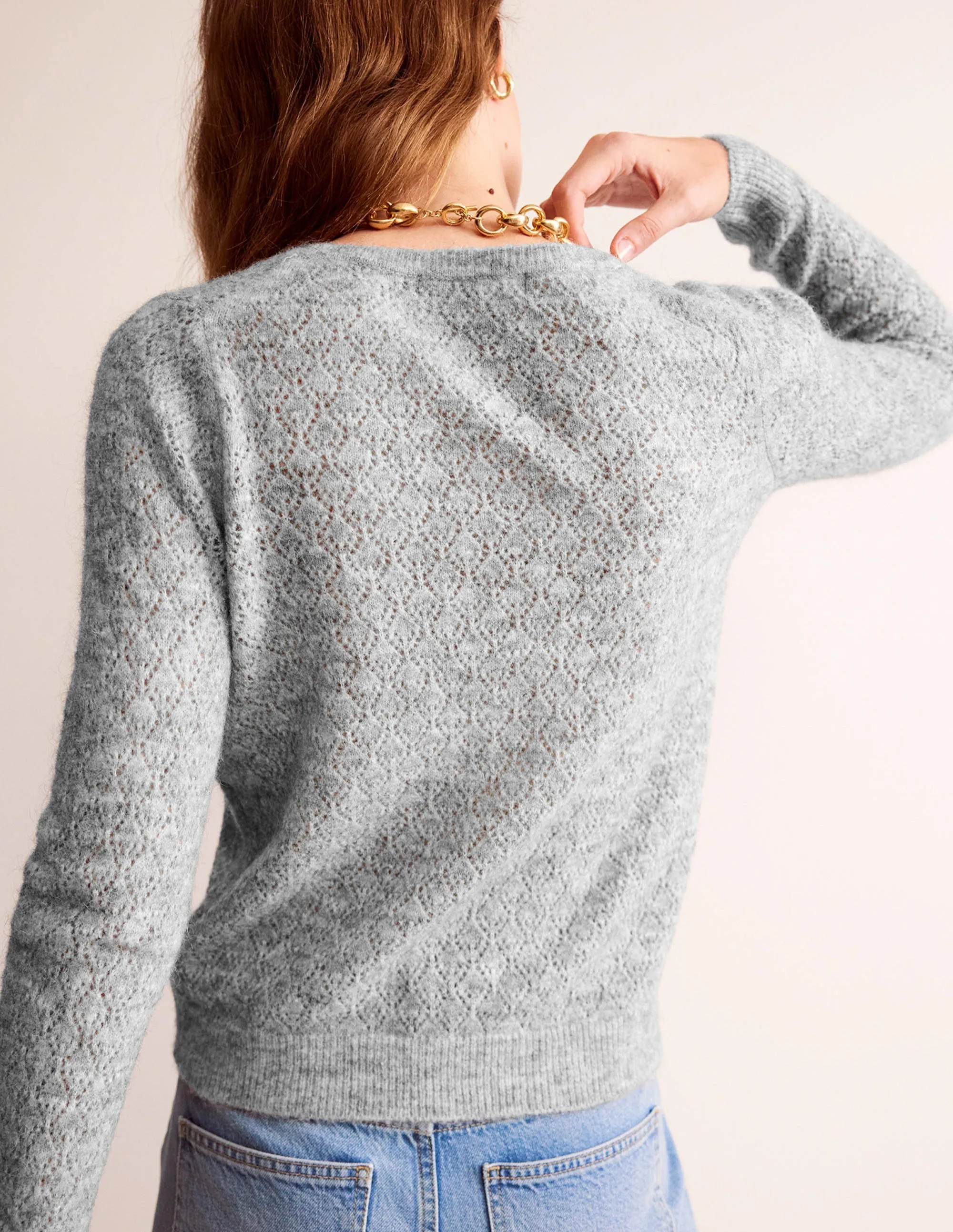 Fluffy Henley Pointelle Jumper-Grey Melange