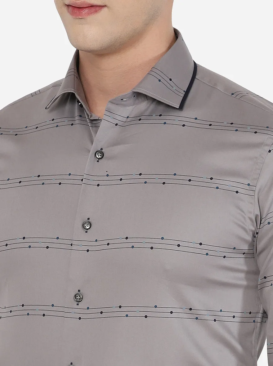 Grey & Blue Printed Slim Fit Party Wear Shirt | JB Studio