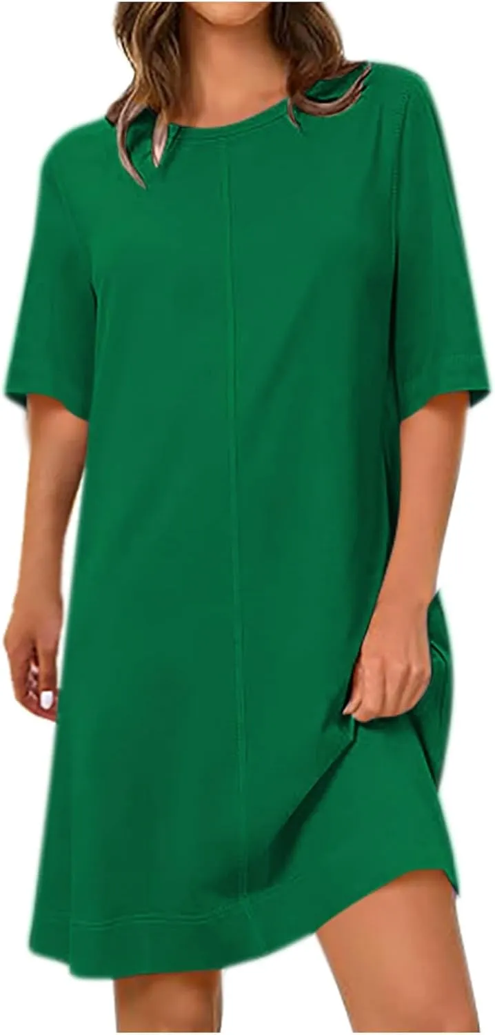 hlysgo Dresses for Women 2025 Summer Short Sleeve Crew Neck Vacation Beach Dress Casual Loose Fit Knee Length Mini Dress