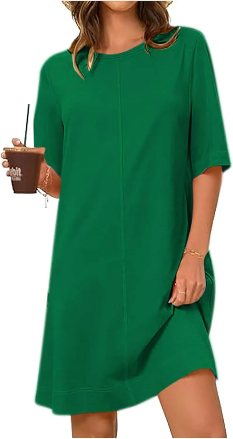 hlysgo Dresses for Women 2025 Summer Short Sleeve Crew Neck Vacation Beach Dress Casual Loose Fit Knee Length Mini Dress