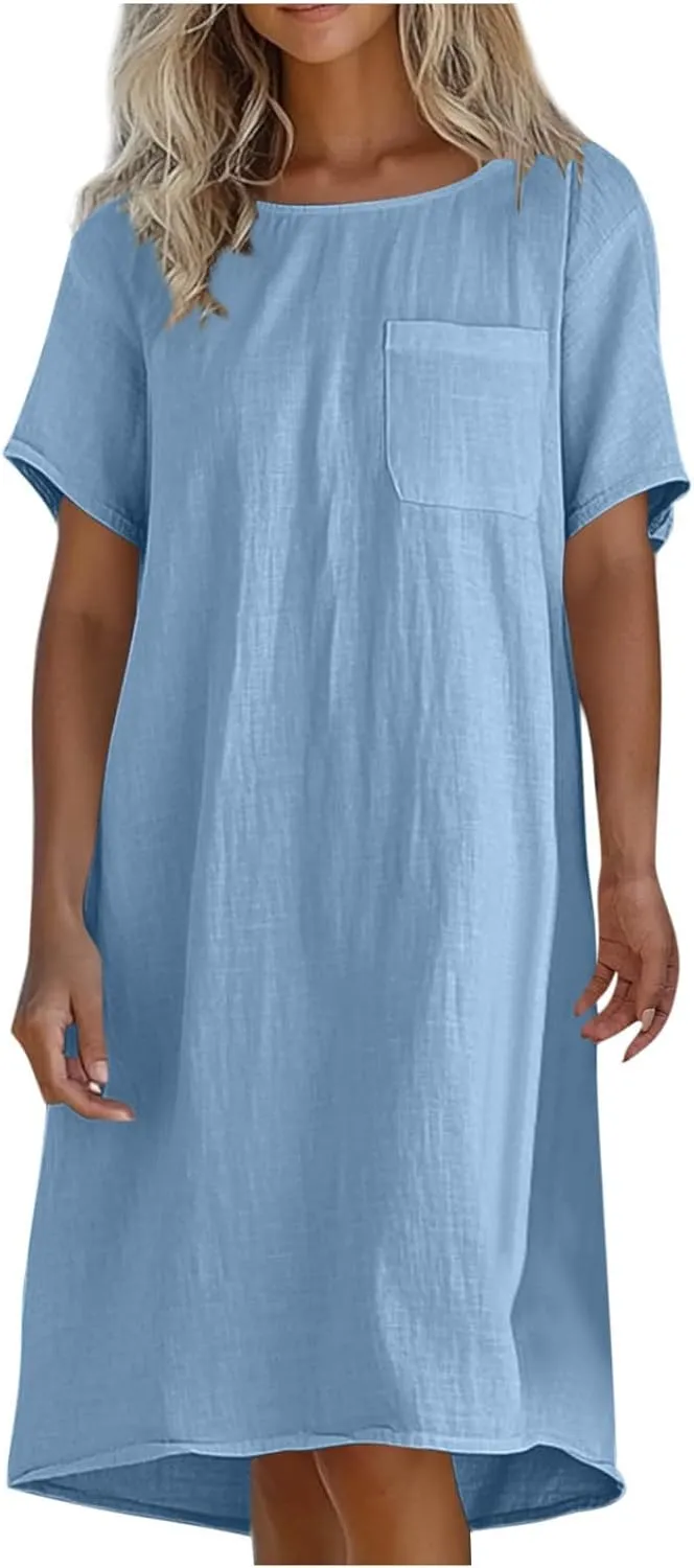 hlysgo Summer Dresses for Women 2025 Casual Loose Comfy Short Sleeve Crew Neck Mini Dress Teen Girls Knee Length Beach Dress