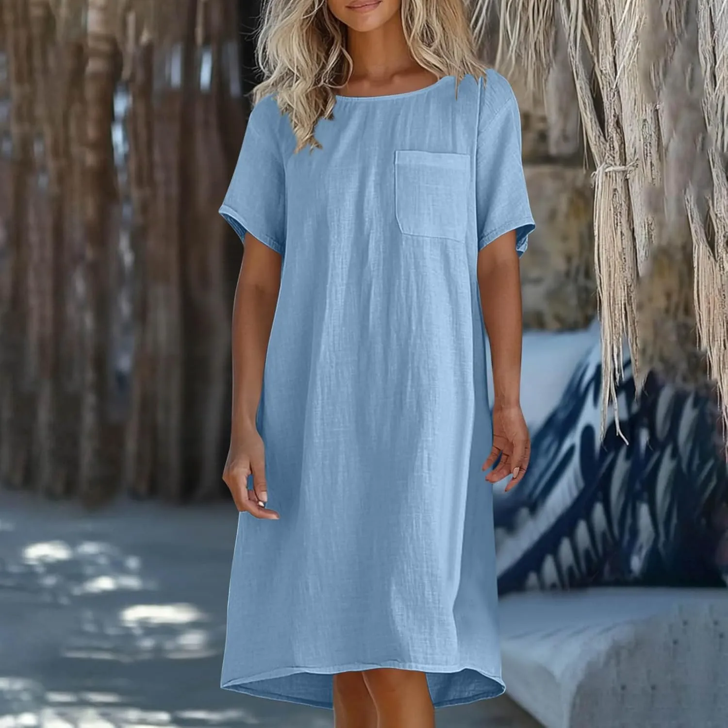 hlysgo Summer Dresses for Women 2025 Casual Loose Comfy Short Sleeve Crew Neck Mini Dress Teen Girls Knee Length Beach Dress