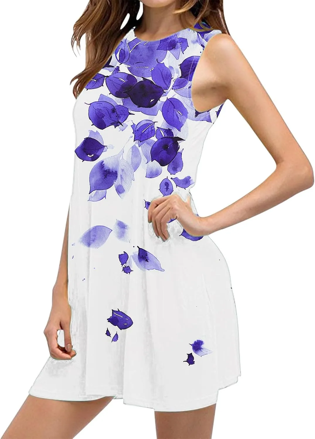 hlysgo Women's Casual Dresses 2025 Summer Sleeveless Crew Neck Mini Dress Ladies A-Line Flowy Beach Sundress with Pockets