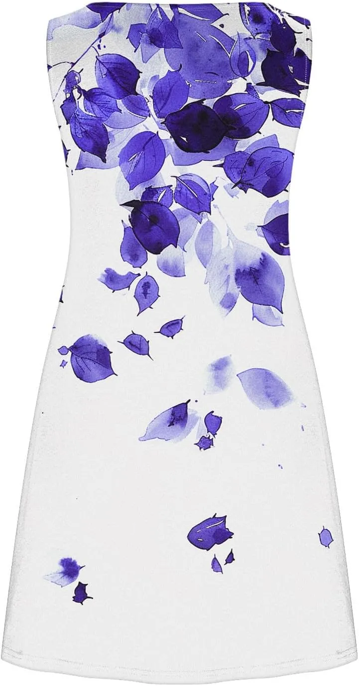 hlysgo Women's Casual Dresses 2025 Summer Sleeveless Crew Neck Mini Dress Ladies A-Line Flowy Beach Sundress with Pockets