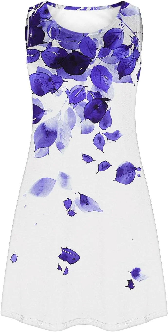 hlysgo Women's Casual Dresses 2025 Summer Sleeveless Crew Neck Mini Dress Ladies A-Line Flowy Beach Sundress with Pockets