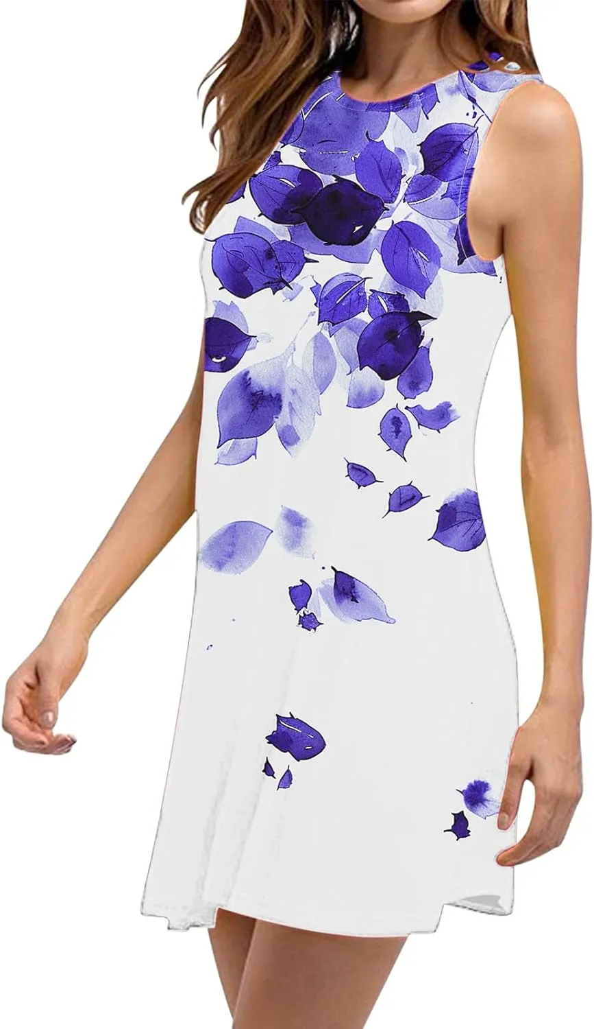 hlysgo Women's Casual Dresses 2025 Summer Sleeveless Crew Neck Mini Dress Ladies A-Line Flowy Beach Sundress with Pockets