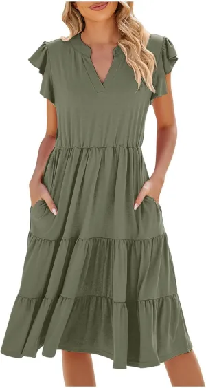 hlysgo Womens Summer Dress Boho Ruffle Sleeve V Neck Peplum Midi Dresses Fashion Casual Loose Flowy Beach Vacation Sundress