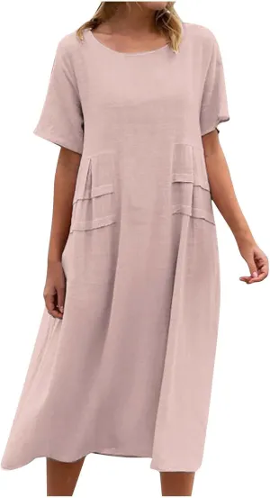 Long Dress for Women Cotton Linen Boho Flwoy Maxi Dress Short Sleeve Crewneck Loose Casual Beach Summer Sundress