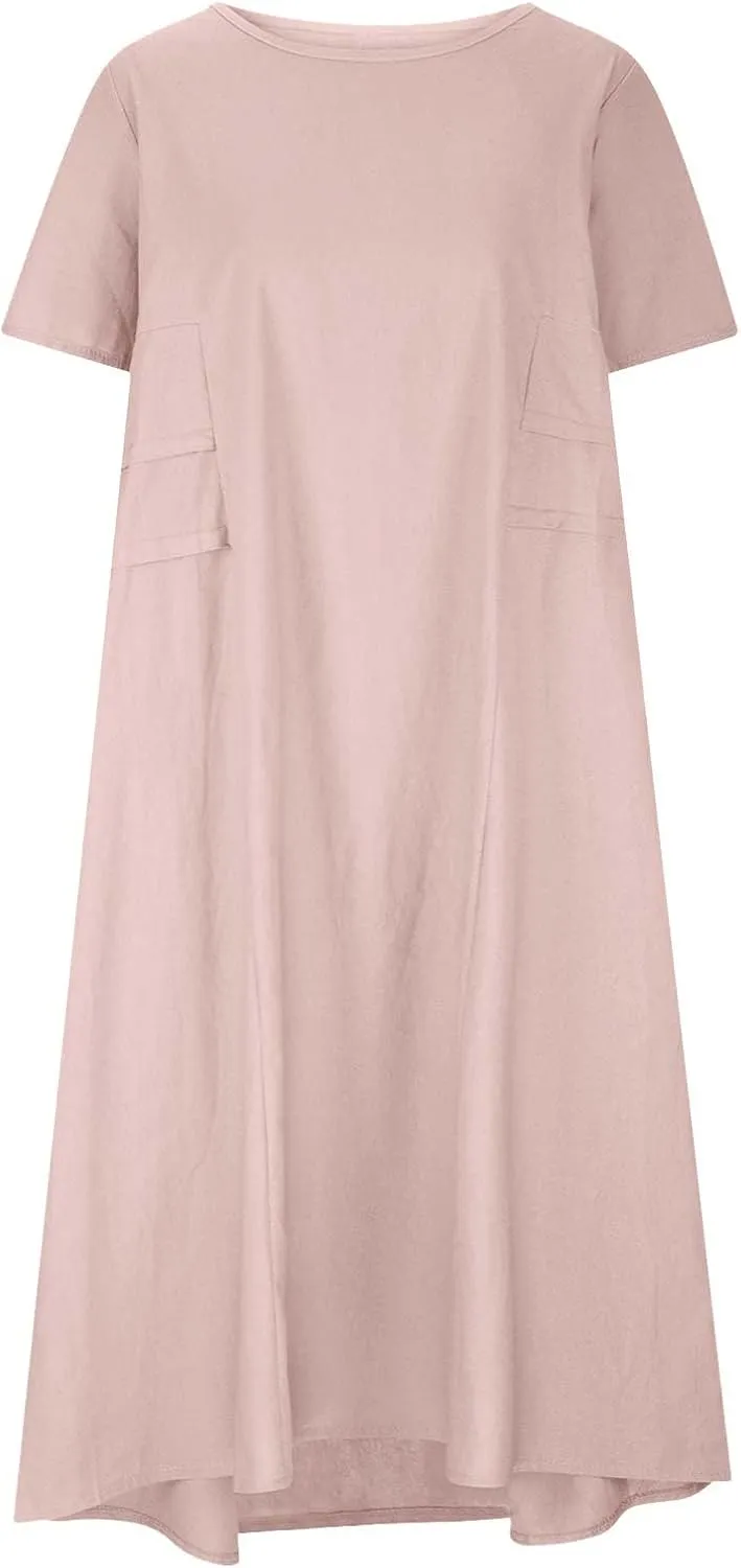 Long Dress for Women Cotton Linen Boho Flwoy Maxi Dress Short Sleeve Crewneck Loose Casual Beach Summer Sundress