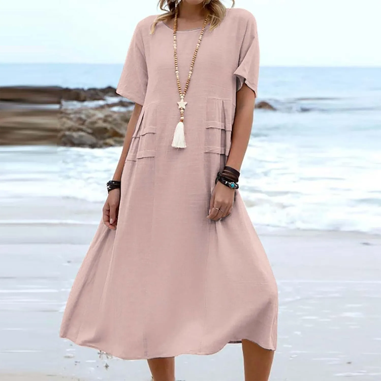 Long Dress for Women Cotton Linen Boho Flwoy Maxi Dress Short Sleeve Crewneck Loose Casual Beach Summer Sundress
