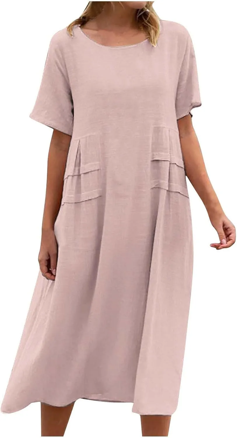 Long Dress for Women Cotton Linen Boho Flwoy Maxi Dress Short Sleeve Crewneck Loose Casual Beach Summer Sundress