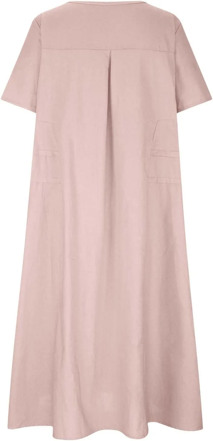Long Dress for Women Cotton Linen Boho Flwoy Maxi Dress Short Sleeve Crewneck Loose Casual Beach Summer Sundress