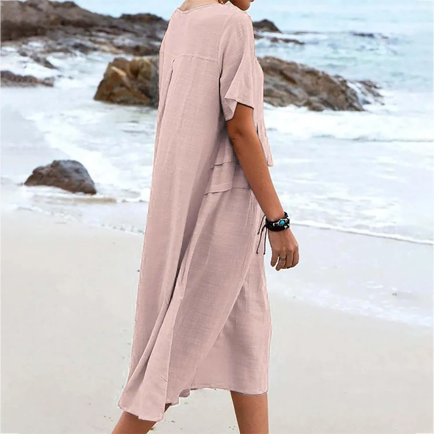 Long Dress for Women Cotton Linen Boho Flwoy Maxi Dress Short Sleeve Crewneck Loose Casual Beach Summer Sundress