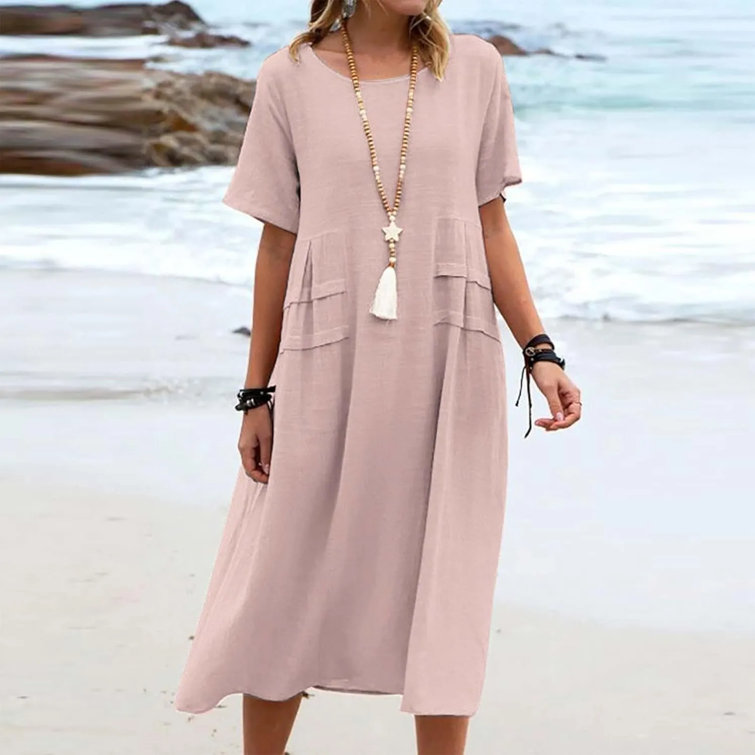 Long Dress for Women Cotton Linen Boho Flwoy Maxi Dress Short Sleeve Crewneck Loose Casual Beach Summer Sundress