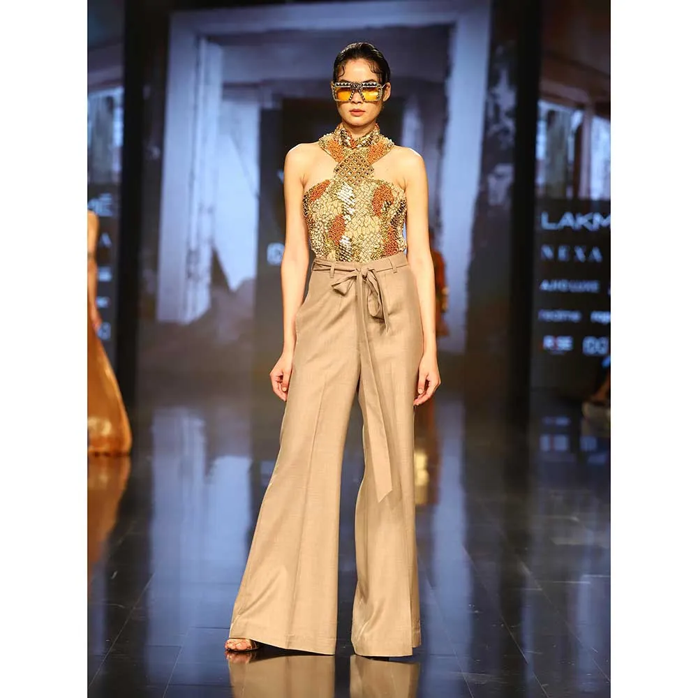 Nirmooha Halter Neck Embellished Bodysuit Paired with Boot Cut Pants and Belt (Set of 3)