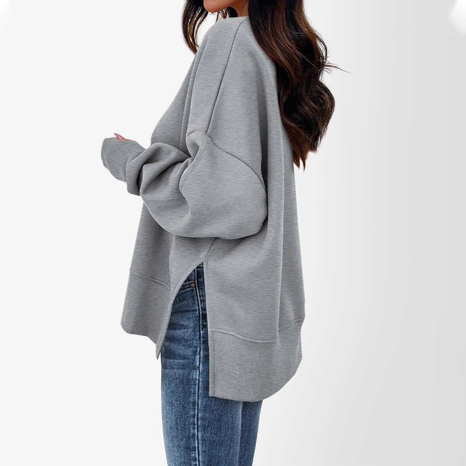 Oversized Sweatshirts for Women 2024 Fall Crew Neck Long Sleeve Tunic Tops Hoodless Cute Side Slit Pull Over Outfits