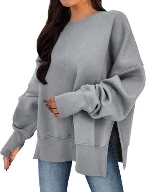 Oversized Sweatshirts for Women 2024 Fall Crew Neck Long Sleeve Tunic Tops Hoodless Cute Side Slit Pull Over Outfits