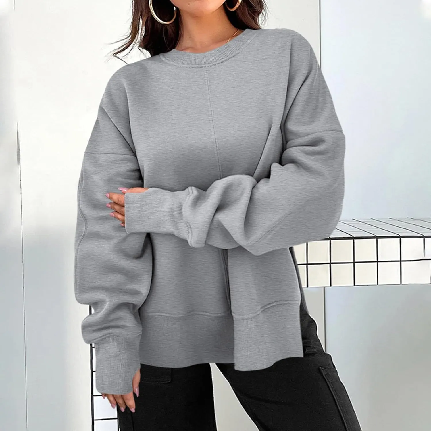 Oversized Sweatshirts for Women 2024 Fall Crew Neck Long Sleeve Tunic Tops Hoodless Cute Side Slit Pull Over Outfits