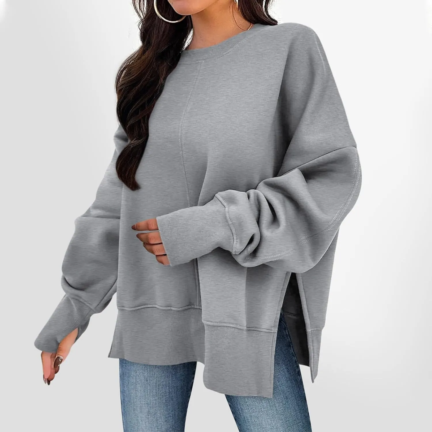 Oversized Sweatshirts for Women 2024 Fall Crew Neck Long Sleeve Tunic Tops Hoodless Cute Side Slit Pull Over Outfits