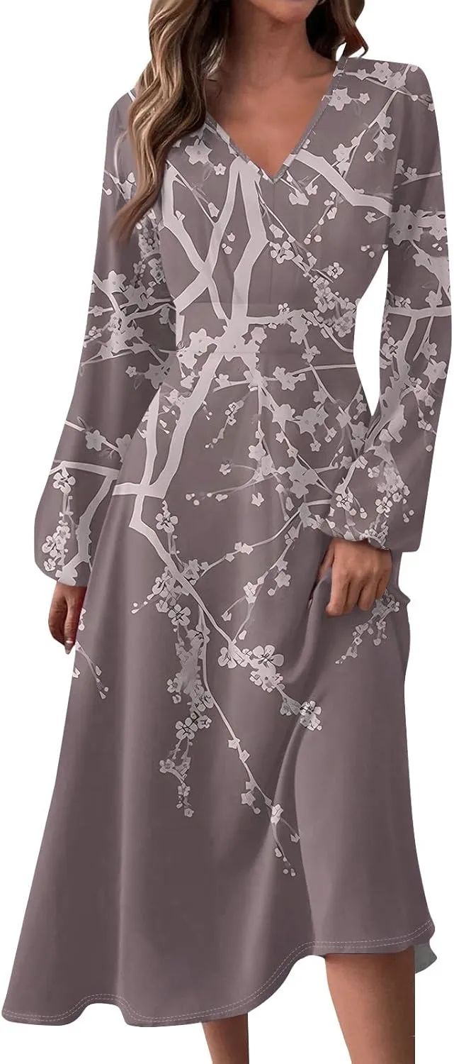 Summer Fall Long Sleeve Midi Dresses for Women Casual Ruched Flowy Trendy Smocked Elegant Formal Floral A Line Dress
