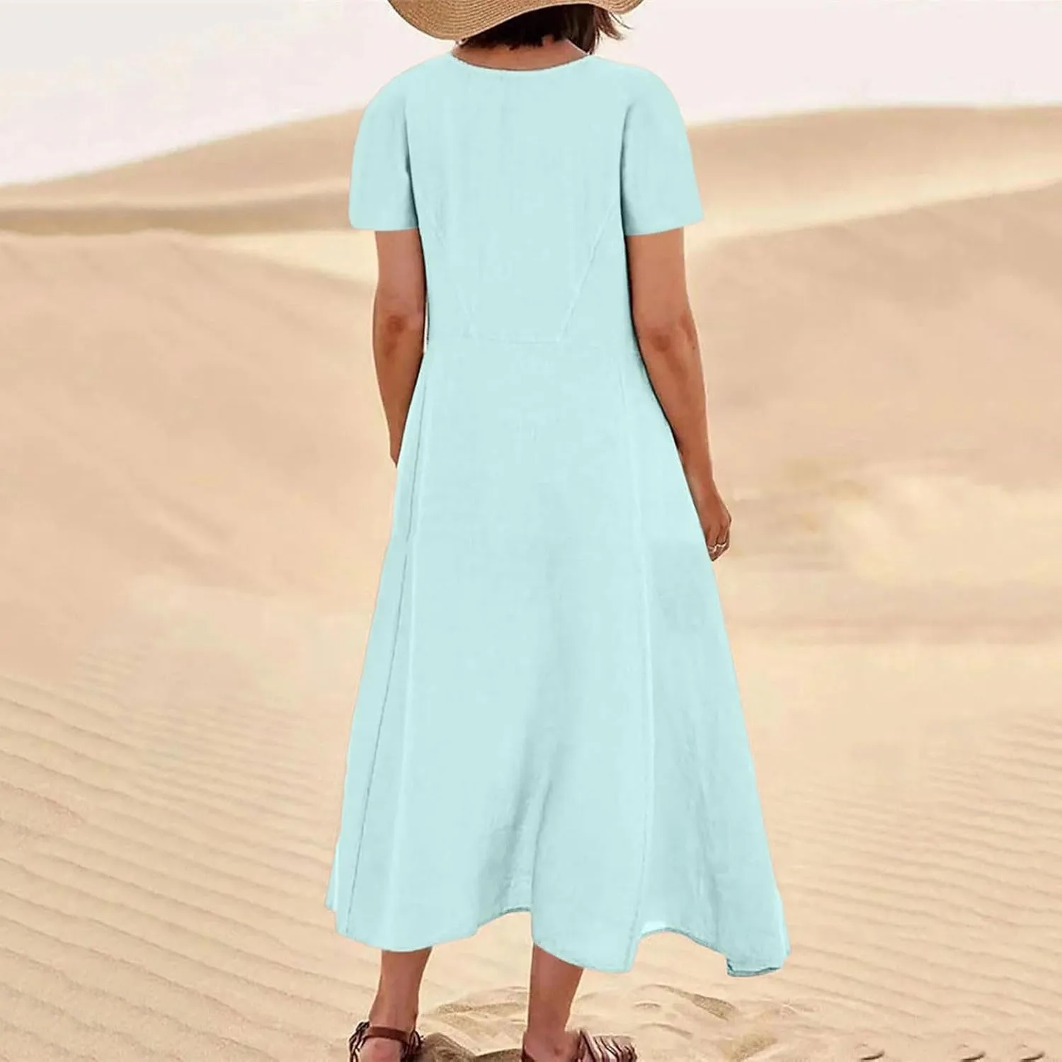 Sundress with Pockets Casual Spring Summer Dresses for Women 2025 Cotton Linen Short Sleeve Midi Dress Flowy Dresses