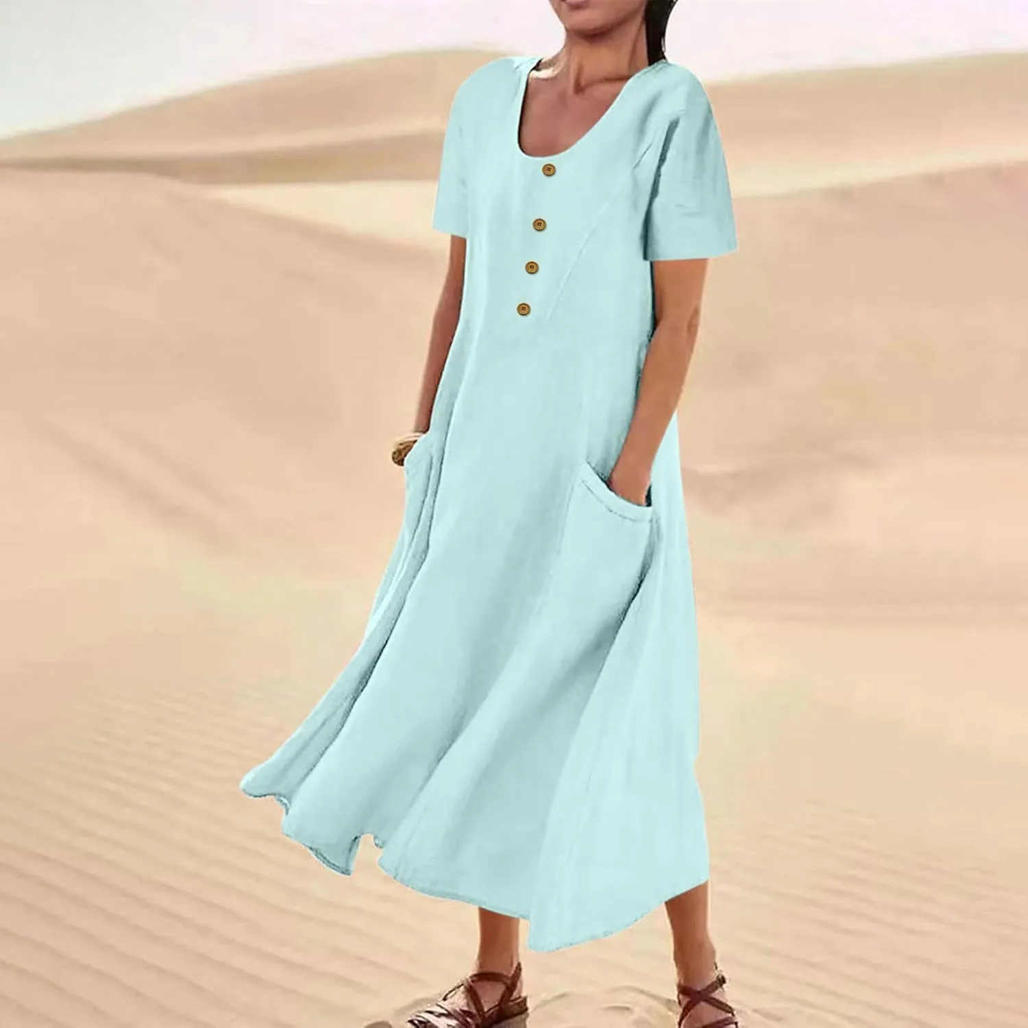 Sundress with Pockets Casual Spring Summer Dresses for Women 2025 Cotton Linen Short Sleeve Midi Dress Flowy Dresses