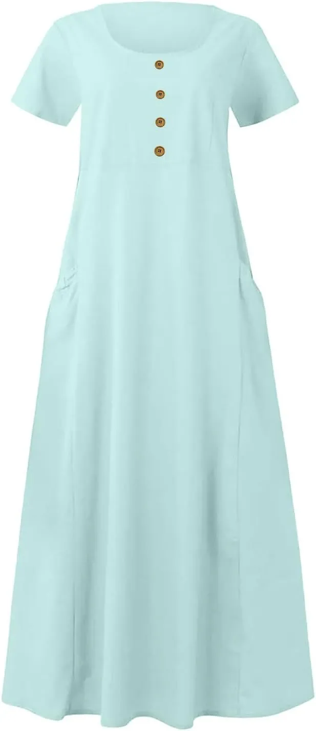 Sundress with Pockets Casual Spring Summer Dresses for Women 2025 Cotton Linen Short Sleeve Midi Dress Flowy Dresses