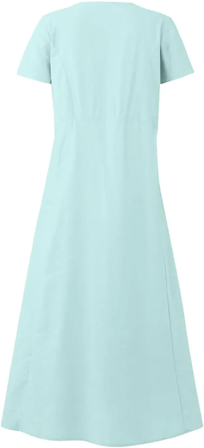 Sundress with Pockets Casual Spring Summer Dresses for Women 2025 Cotton Linen Short Sleeve Midi Dress Flowy Dresses