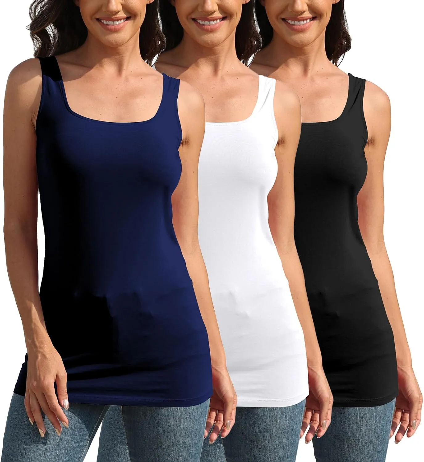 TAIPOVE Square Neck Long Tank Tops for Women Basic Sleeveless Layering Tunic Shirt Ladies Cotton Camis Undershirts 3-Pack