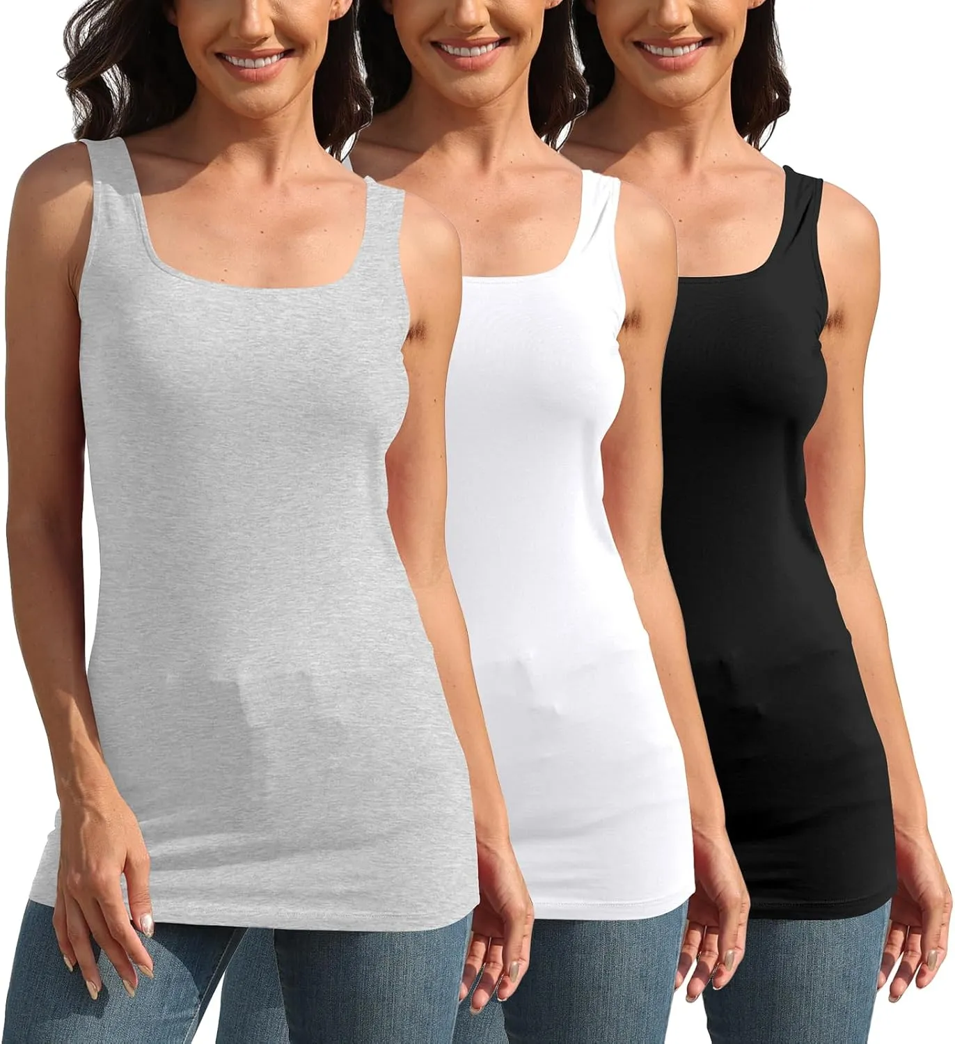 TAIPOVE Square Neck Long Tank Tops for Women Basic Sleeveless Layering Tunic Shirt Ladies Cotton Camis Undershirts 3-Pack
