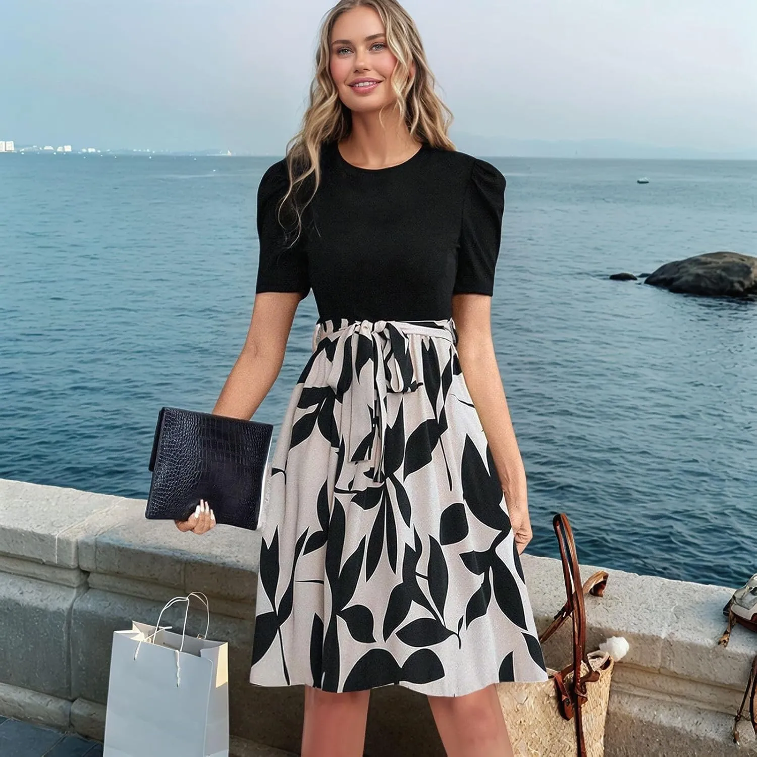 TWGONE Summer Dresses for Women Short Sleeve Casual Midi Dress Floral Print Flowy Church Wedding Guest Dresses with Belt