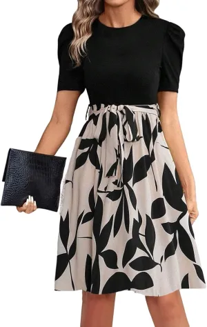 TWGONE Summer Dresses for Women Short Sleeve Casual Midi Dress Floral Print Flowy Church Wedding Guest Dresses with Belt