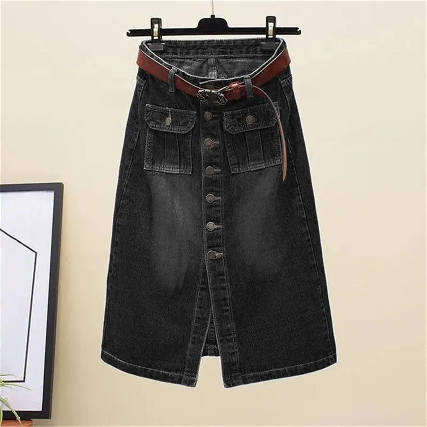 WomenS High Waist Denim Pencil Skirt  Single-Breasted Midi with Front Split Skirts