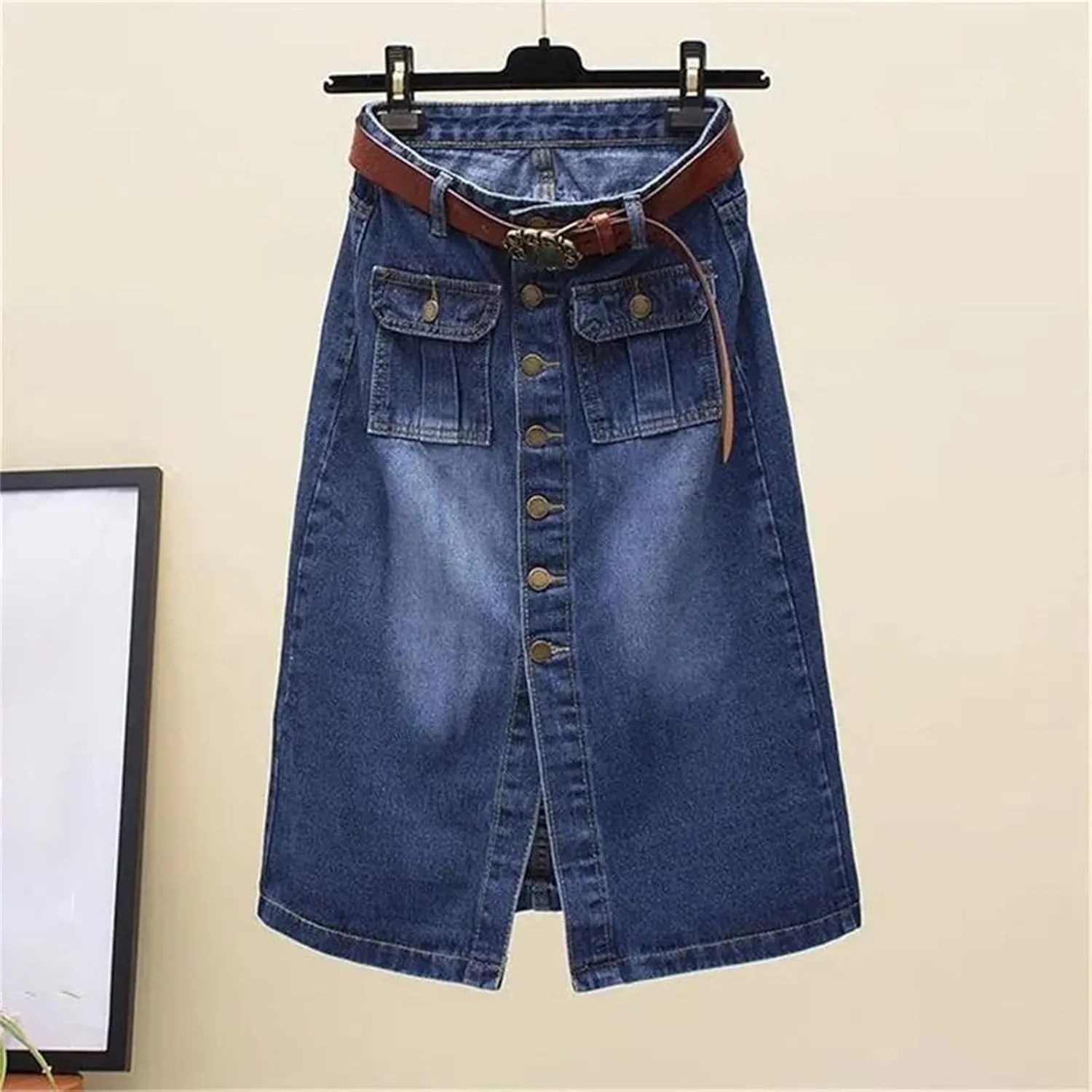 WomenS High Waist Denim Pencil Skirt  Single-Breasted Midi with Front Split Skirts