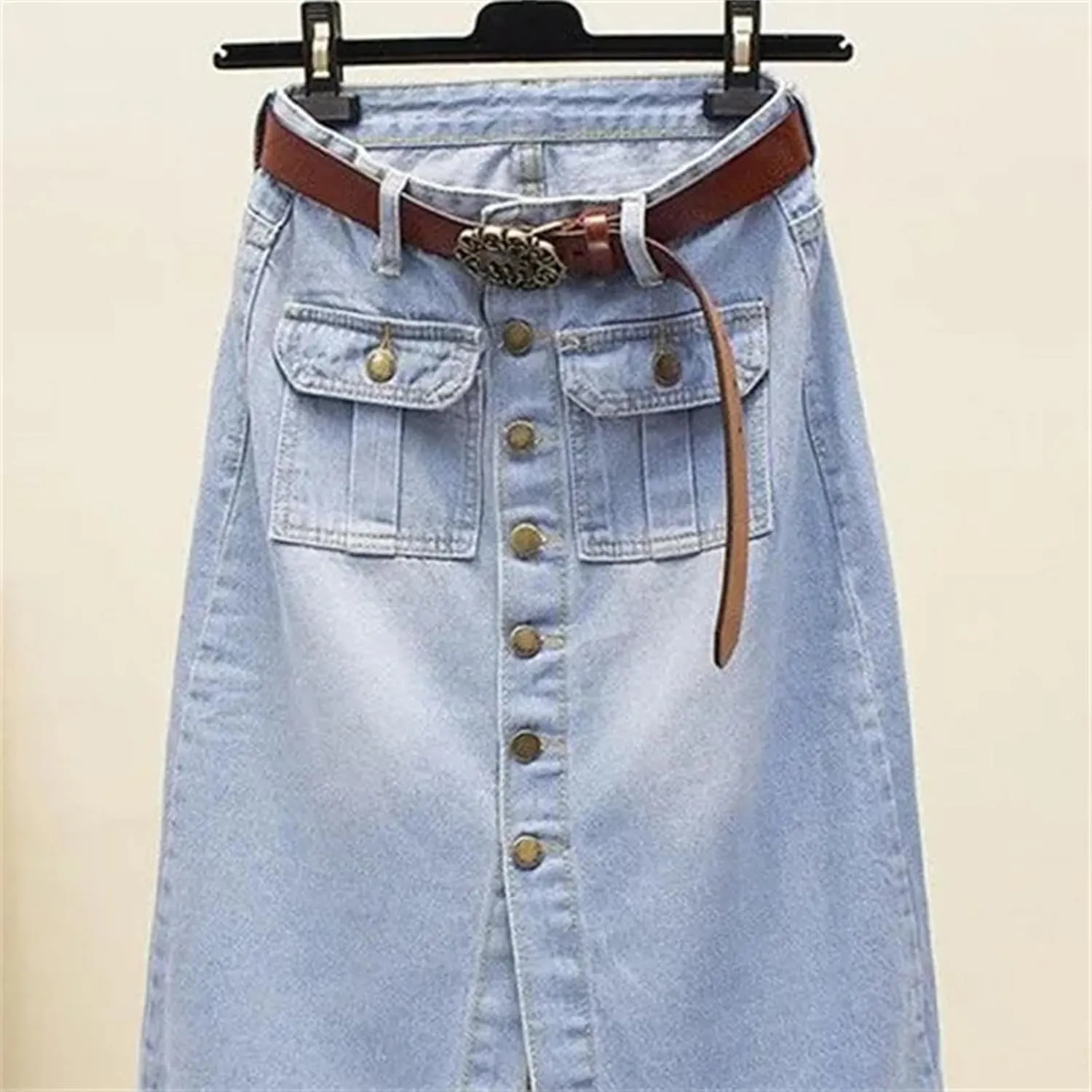 WomenS High Waist Denim Pencil Skirt  Single-Breasted Midi with Front Split Skirts