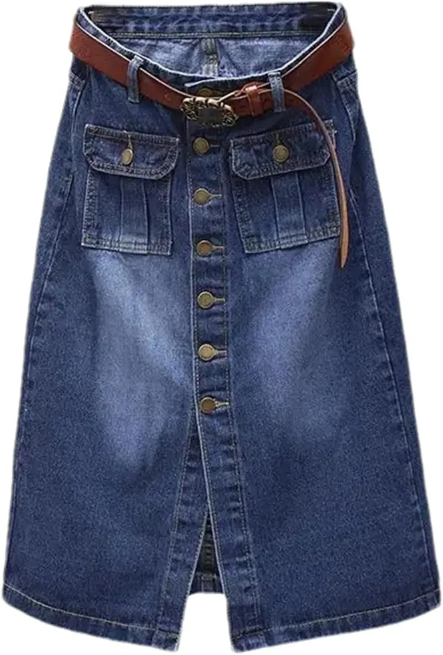 WomenS High Waist Denim Pencil Skirt  Single-Breasted Midi with Front Split Skirts