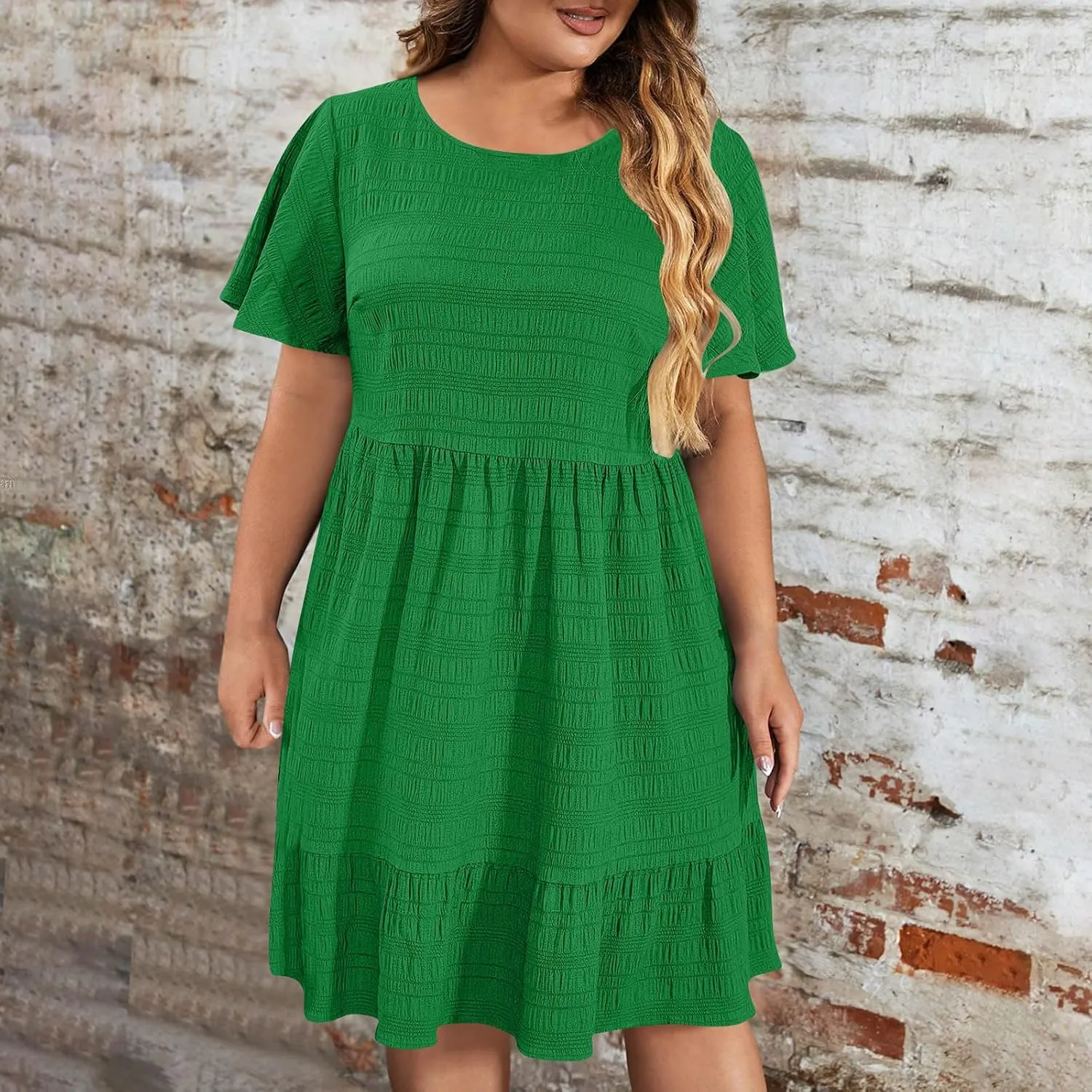Women's Plus Size Midi Dresses for Curvy Women Summer Short Sleeve Casual Ruffle Swing A-line Flowy Dress 2025