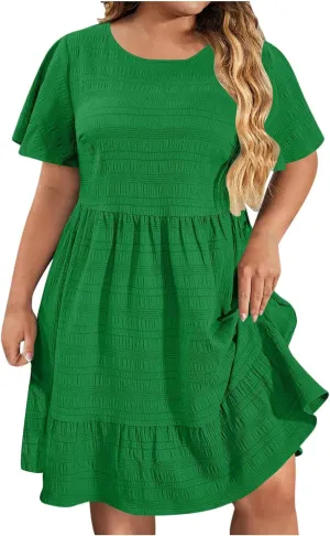 Women's Plus Size Midi Dresses for Curvy Women Summer Short Sleeve Casual Ruffle Swing A-line Flowy Dress 2025