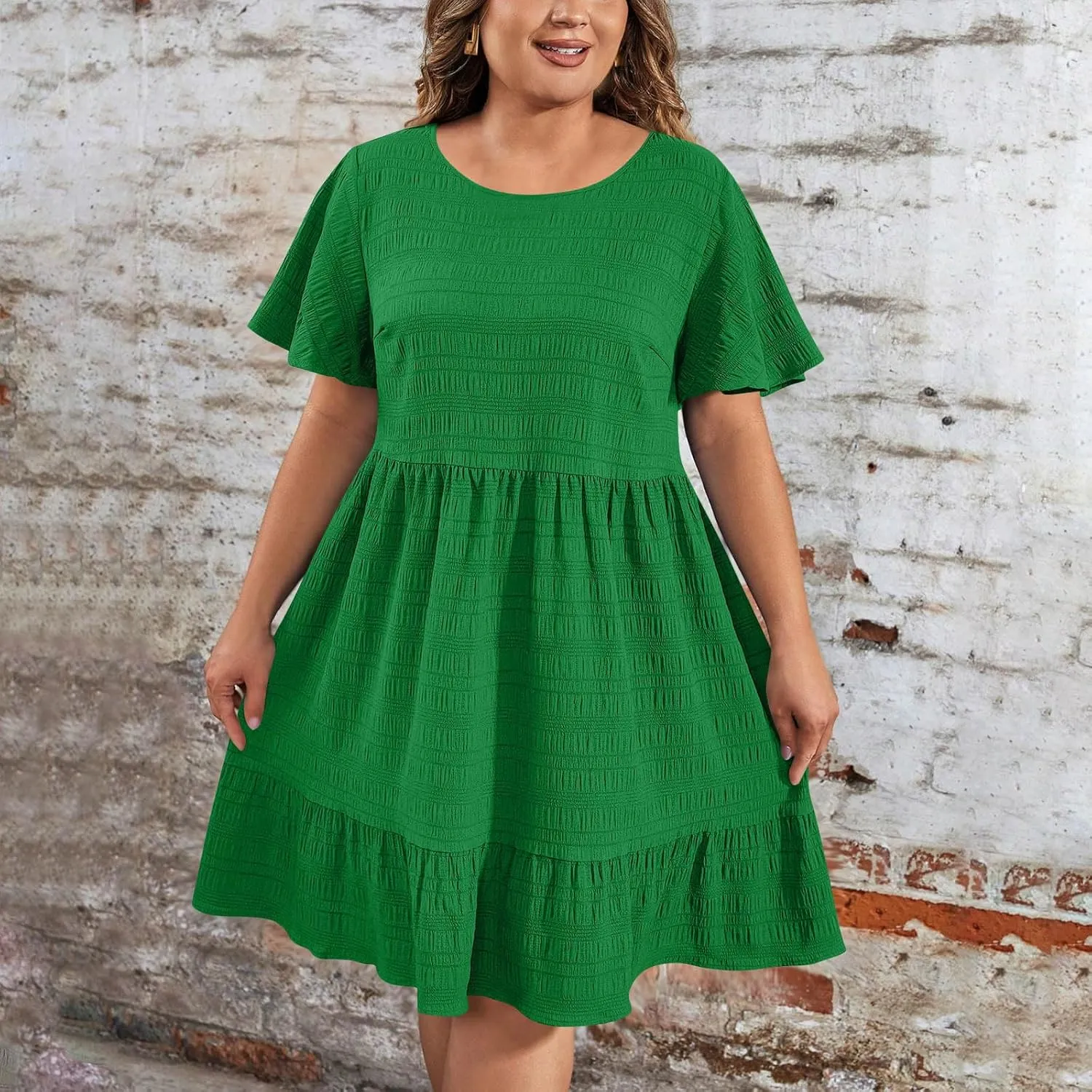 Women's Plus Size Midi Dresses for Curvy Women Summer Short Sleeve Casual Ruffle Swing A-line Flowy Dress 2025