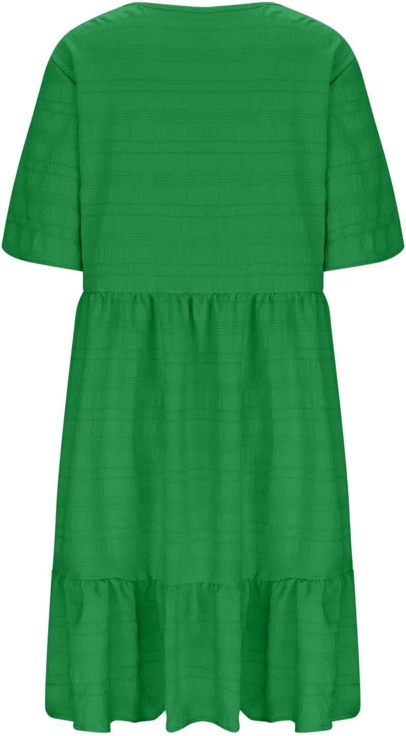 Women's Plus Size Midi Dresses for Curvy Women Summer Short Sleeve Casual Ruffle Swing A-line Flowy Dress 2025