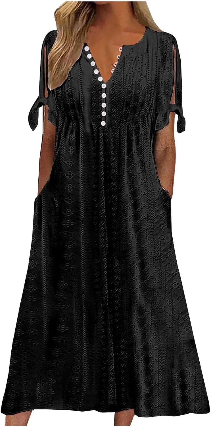 Womens Summer Dresses Casual Eyelet Boho Maxi Dress Flowy Button V-Neck Beach Sundress Trendy Long Dress with Pockets