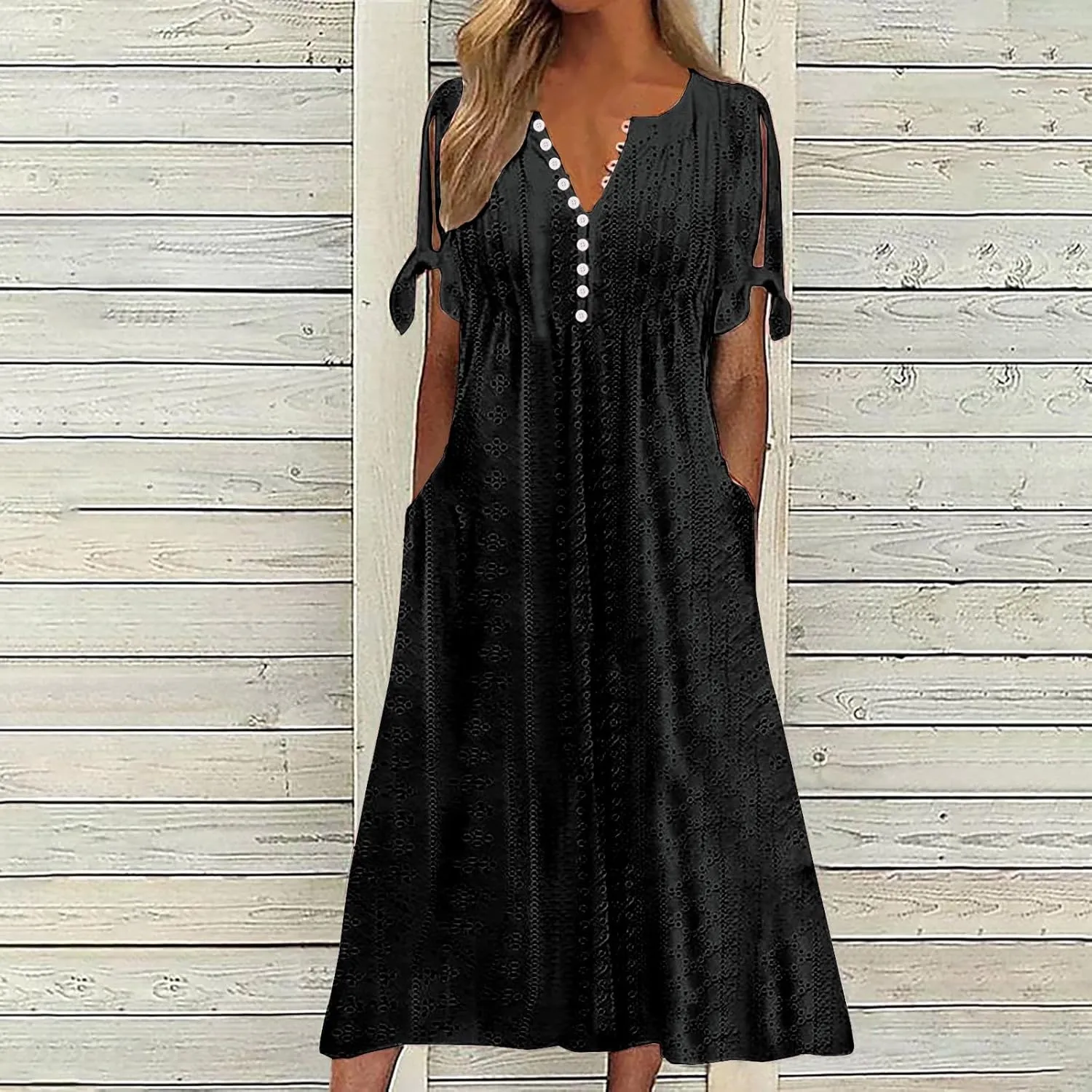 Womens Summer Dresses Casual Eyelet Boho Maxi Dress Flowy Button V-Neck Beach Sundress Trendy Long Dress with Pockets