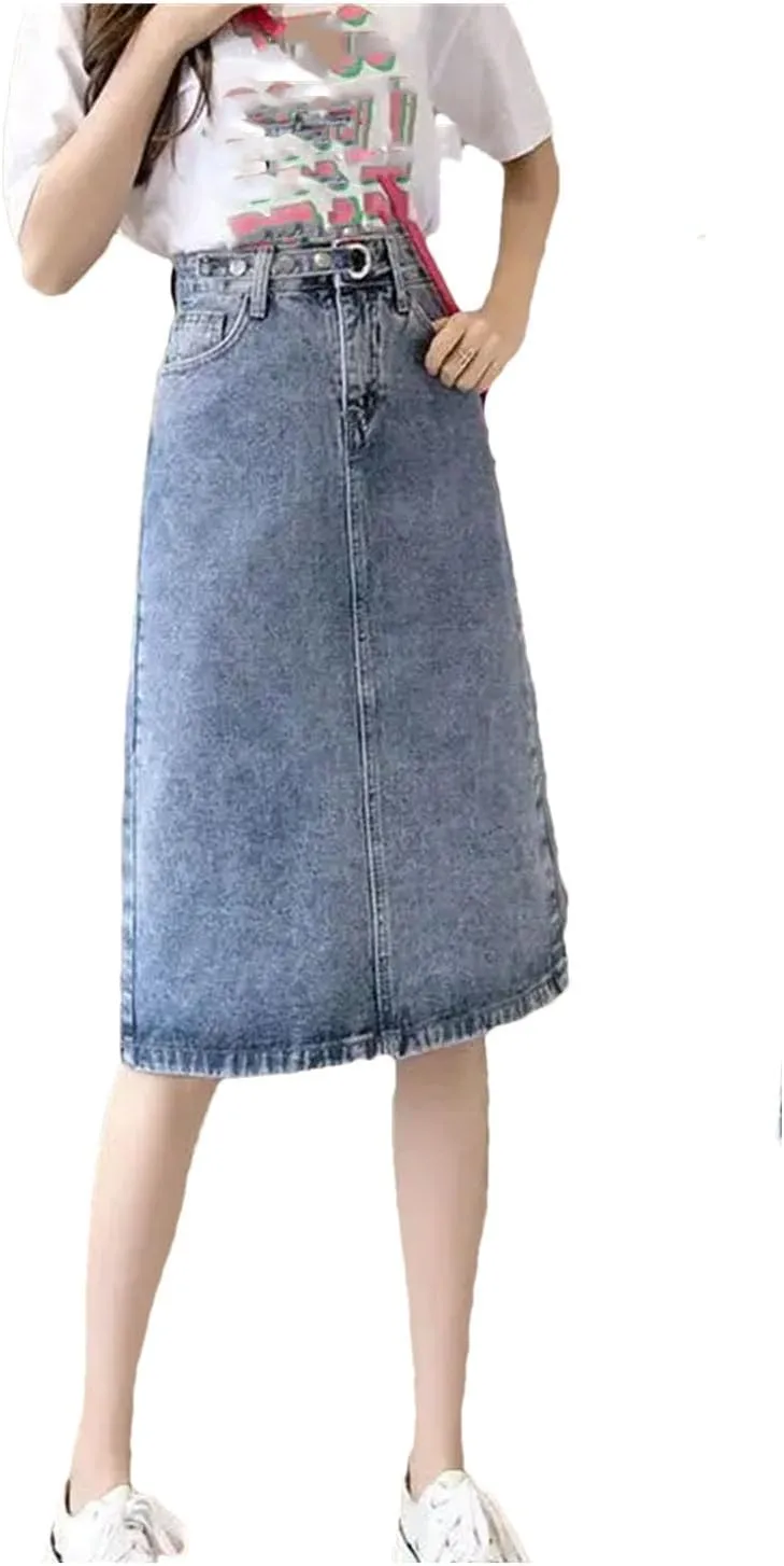 Women's Summer Hip-Covering Midi Denim Skirt High Waist A Line Streetwear Casual Jean Short Skirt