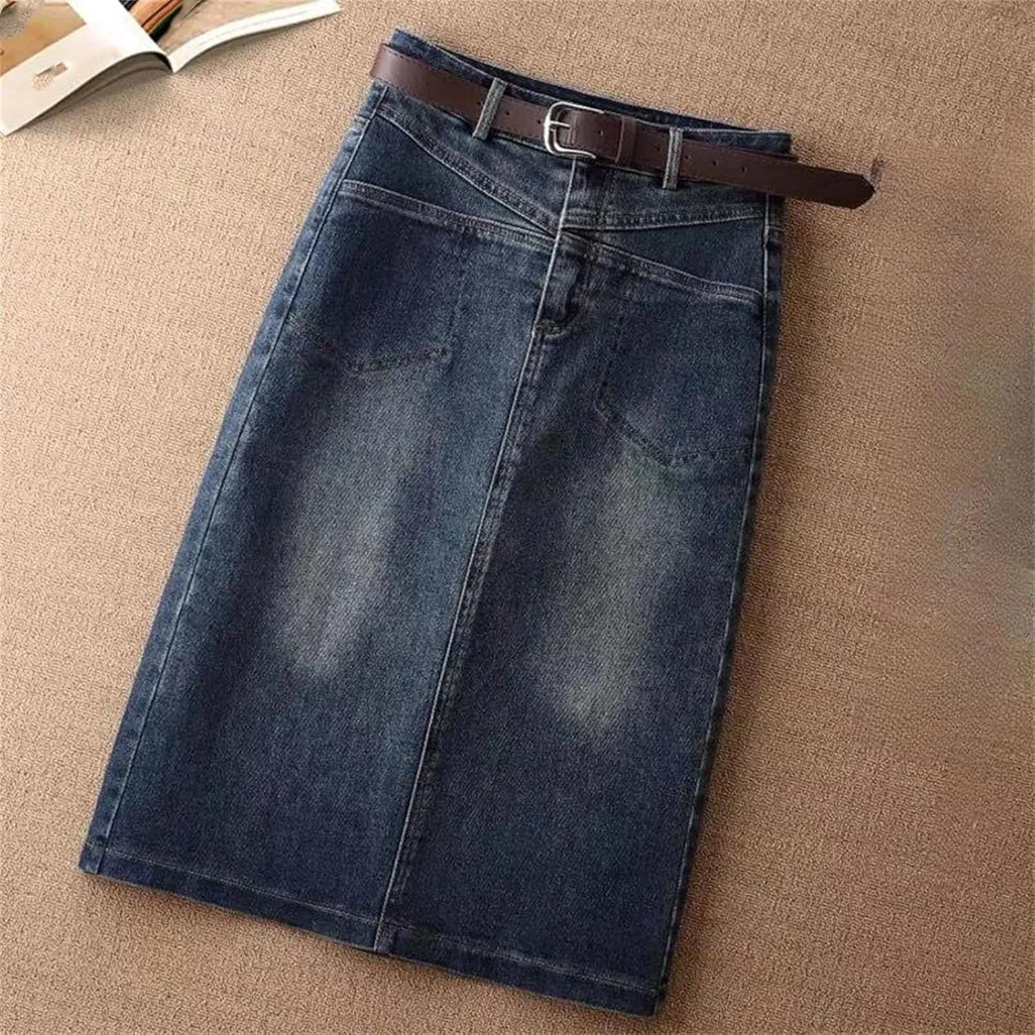 Women's Summer Hip-Covering Midi Denim Skirt High Waist A Line Streetwear Casual Jean Short Skirt