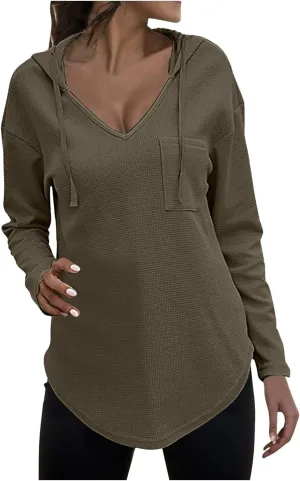 Women's V-neck long-sleeved shirt Fall Sweatshirt Loose Fit Casual Tops Trendy Clothing with Pockets 2024